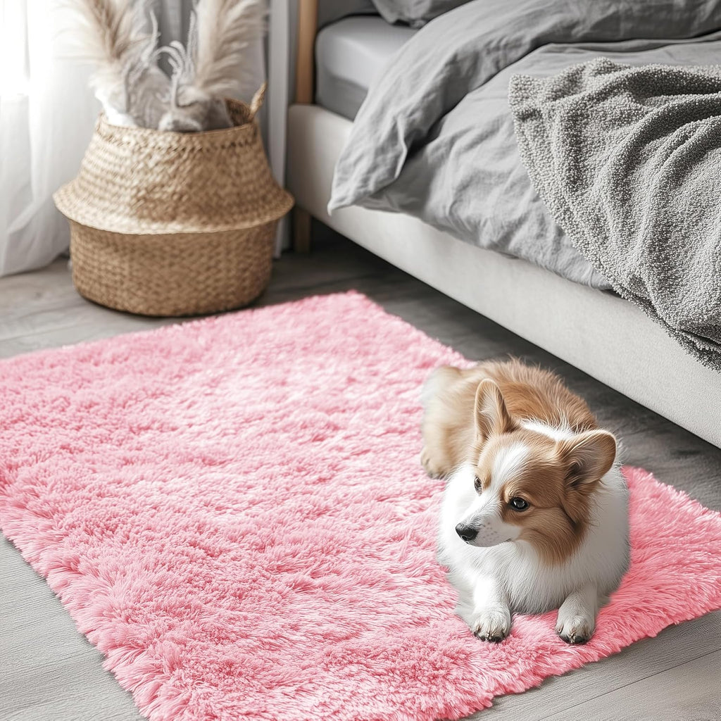 OLANLY Small Bedside Rug - Soft Fluffy Shaggy Entryway Throw Rug for Bedroom & Nursery | Pink 2x3 ft