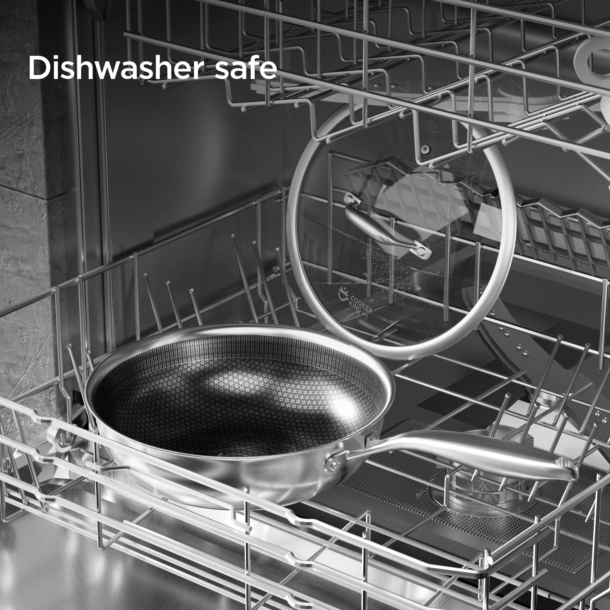 COOKER KING 10-Inch Hybrid Stainless Steel Wok with Lid, Nonstick Stir Fry Pan & Deep Frying Pan, Tri-Ply Clad Honeycomb Everyday Pan, Induction Ready, Oven & Dishwasher Safe, PFOA Free