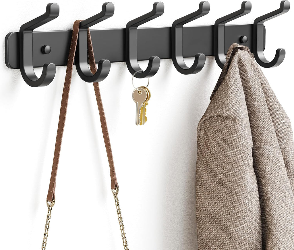 Pickpiff Coat Rack - Heavy-Duty Wall-Mounted Metal Hanger with 6 Hooks for Hats, Clothes & More | Black, 1 Pack