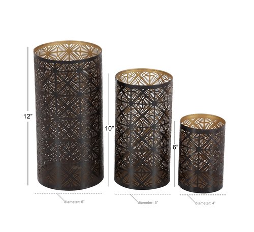 Deco 79 Metal Geometric Indoor Outdoor Candle Lantern Decorative Lantern Candle Holder, Set of 3 Lantern 12", 10", 6"H, Dark Brown