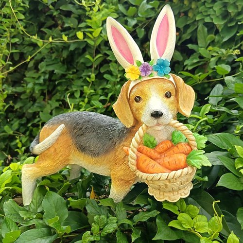 Cynkeyee Dog Garden Statue - Adorable Beagle Puppy with Bunny Ears & Carrot Basket | 11.5x4x10.5 Inch Indoor/Outdoor Decor