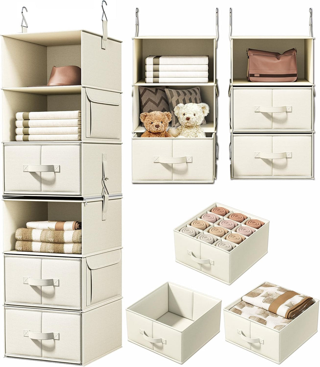 Vailando 6-Shelf Closet Organizer - Versatile Hanging Storage with 3 Drawers & 2 Separable Units | Beige