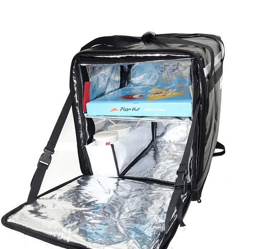 Packir PK-76F: Large Doubledeck Insulated Pizza/Food Delivery Backpack, 16"x 15"x 18", with Divider, Cup Holder. Waterproof Thermal Food Take-Out Box, Keep Hot/Cold, 76Liters (Black)