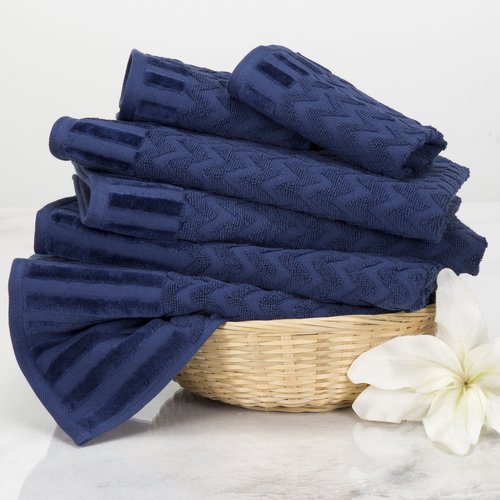 Lavish Home 6-Piece Cotton Deluxe Plush Bath Towel Set – Chevron Pattern Plush Sculpted Spa Luxury Decorative Body, Hand and Face Towels (Navy), 27'x54"x0.25"