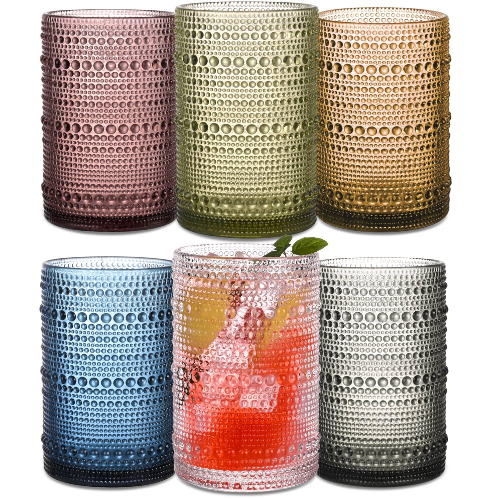 JPPSUJJ Colored Hobnail Drinking Glasses Set of 6, 15 oz Vintage Highball Glasses, Drinkware Kitchen Glasses for Cocktail, Iced Coffee, Beer, Ice Tea, Wine, Whiskey, Water