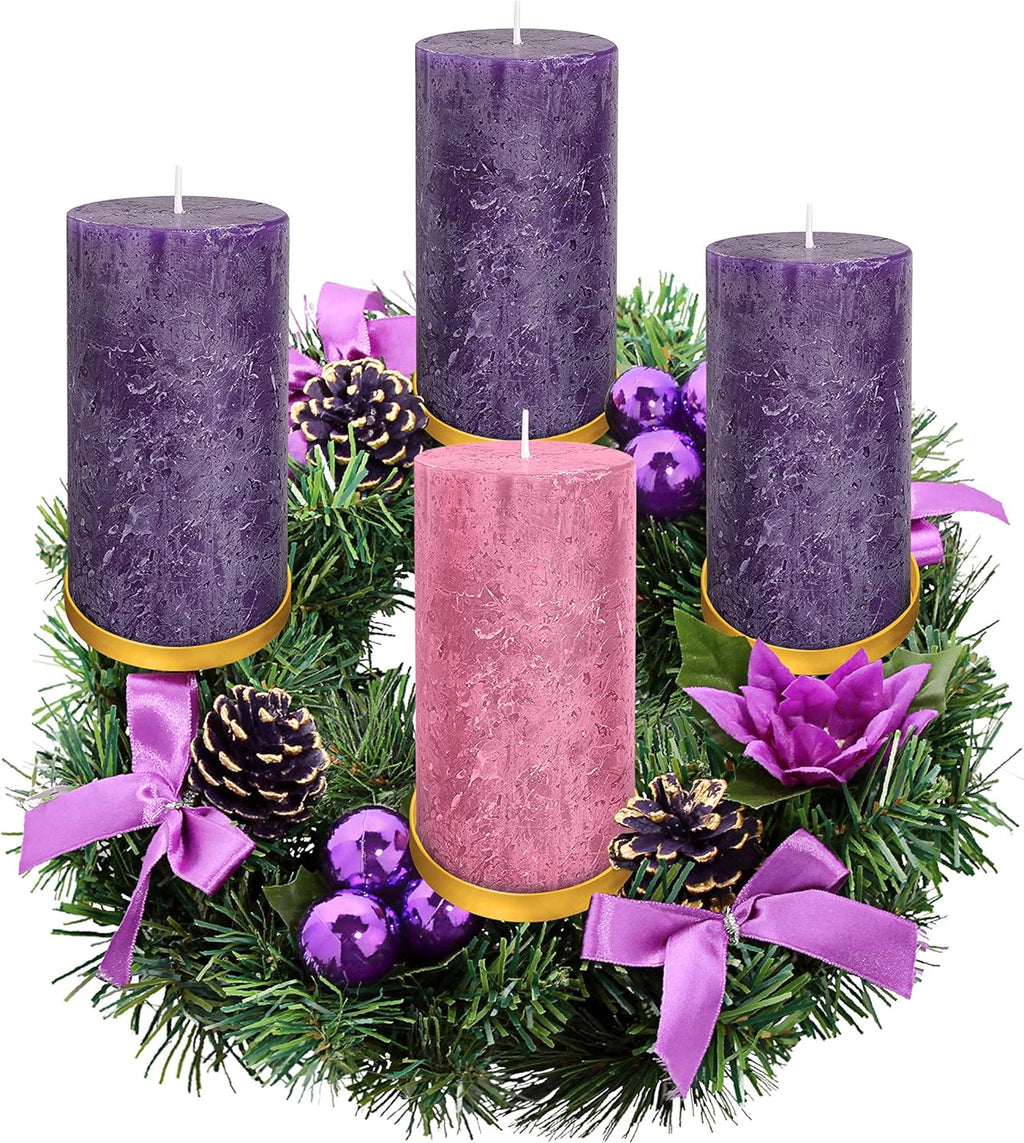 Purple Ribbon Advent Wreath Ring Candle Holder - Large Pillar Candle Stand for Christmas Decor