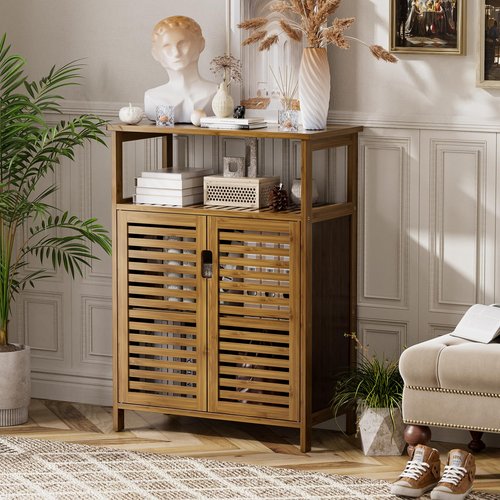 HITNET Walnut Bathroom Floor Cabinet, Bamboo Side Tall Storage Organizer, Freestanding Kitchen Cupboard with Door and Shelf