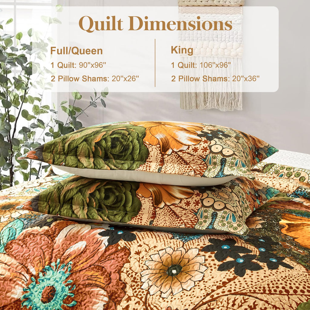 Boho Floral Quilt Sets King Size Reversible Mid Century Quilt Bedding Set Bohemian Design Soft Bedspread 3 Pieces Microfiber Lightweight Coverlet with 2 Pillow Shams for All Seasons, 106''x96''