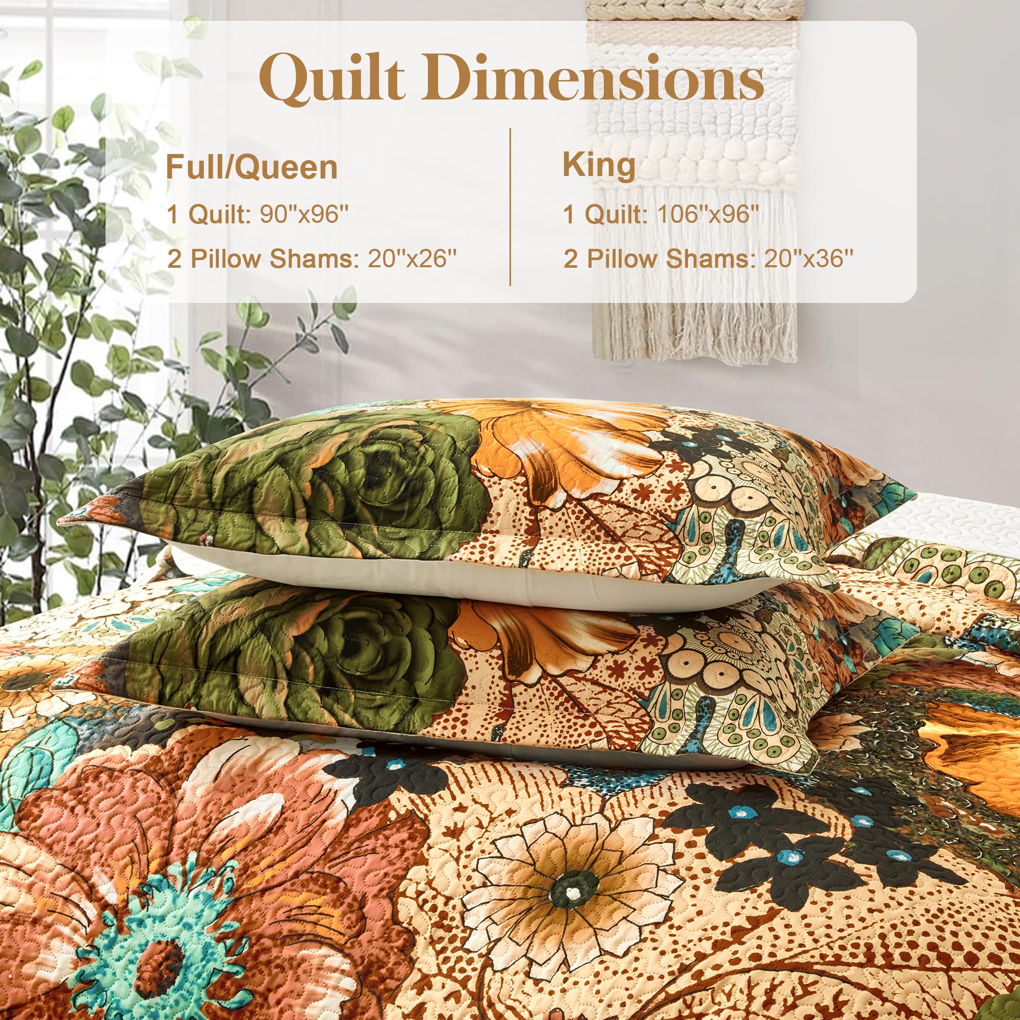 Boho Floral Quilt Sets King Size Reversible Mid Century Quilt Bedding Set Bohemian Design Soft Bedspread 3 Pieces Microfiber Lightweight Coverlet with 2 Pillow Shams for All Seasons, 106''x96''