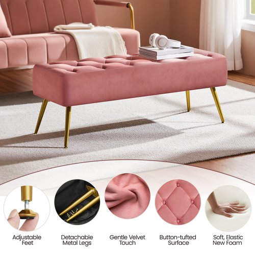 Yaheetech Modern Ottoman Bench Velvet Bench Upholstered Footrest for Living Room with Gold Metal Legs and Padded Seat Pink