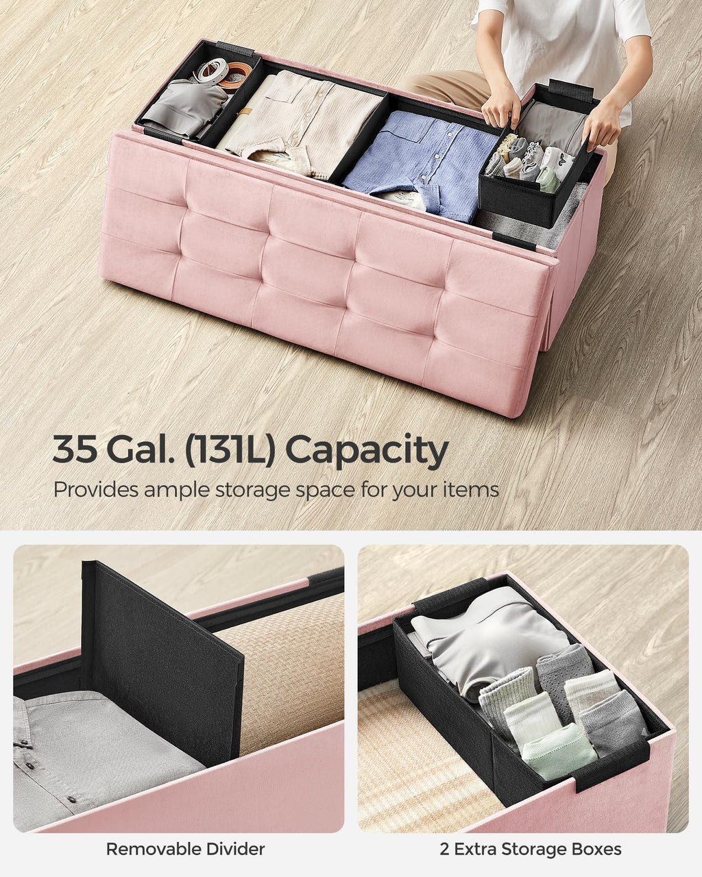 SONGMICS Mazie Collection - Storage Ottoman Bench, Foldable Foot Rest, 15 x 43 x 15 Inches, End of Bed Bench, Storage Chest, Load 660 lb, Living Room, Bedroom, Entryway, Jelly Pink ULSF277R01
