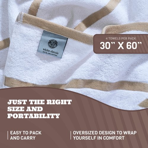 White Classic Cotton Pool Towels Oversized 30 x 60 Inches, Ultra Absorbent and Low Lint Striped Beach Towels for Adults, Stripes Design Luxury Extra Large Bath Towels, Beige, 4 Pack