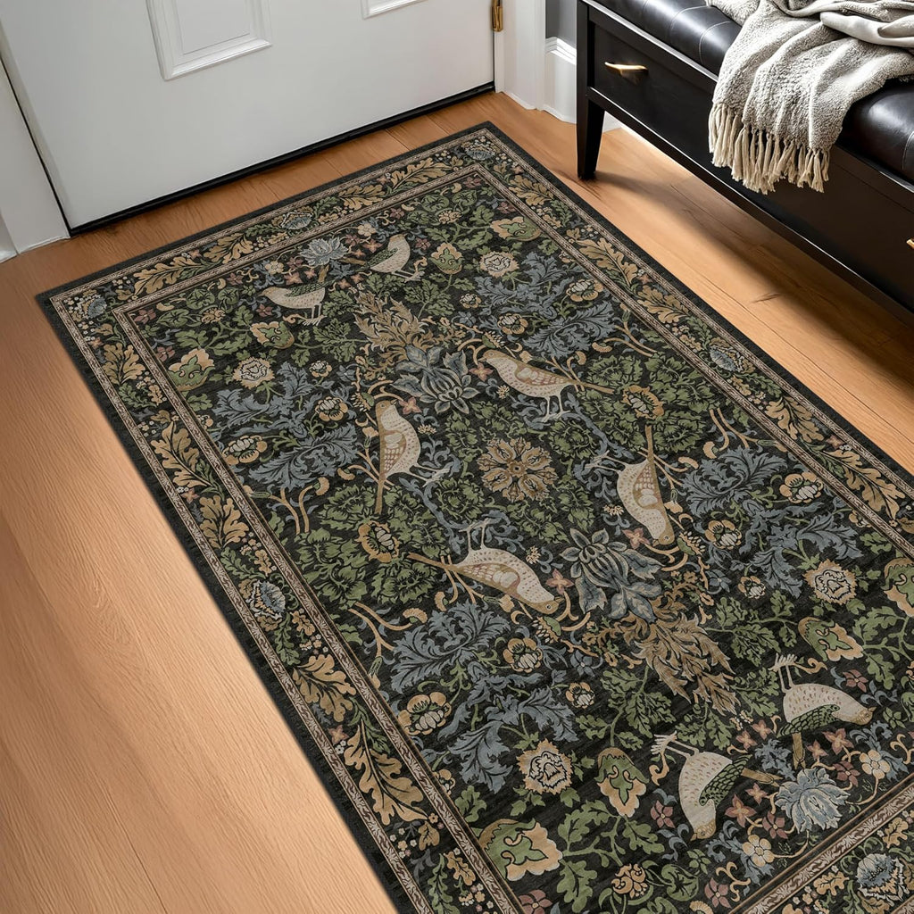 Skiennix Large Entryway Rug - 3x5 Washable Indoor Mat with Moody Woodland Flowers | Non-Slip, Stain Resistant