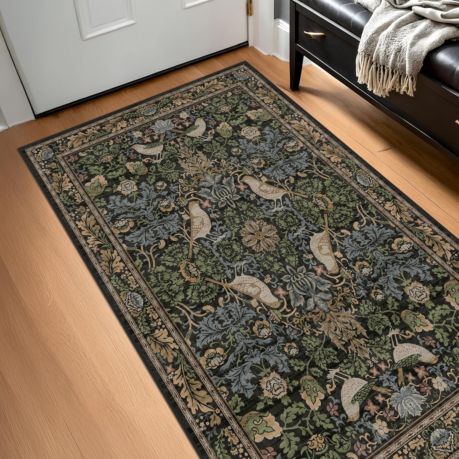 Skiennix Large Entryway Rug - 3x5 Washable Indoor Mat with Moody Woodland Flowers | Non-Slip, Stain Resistant