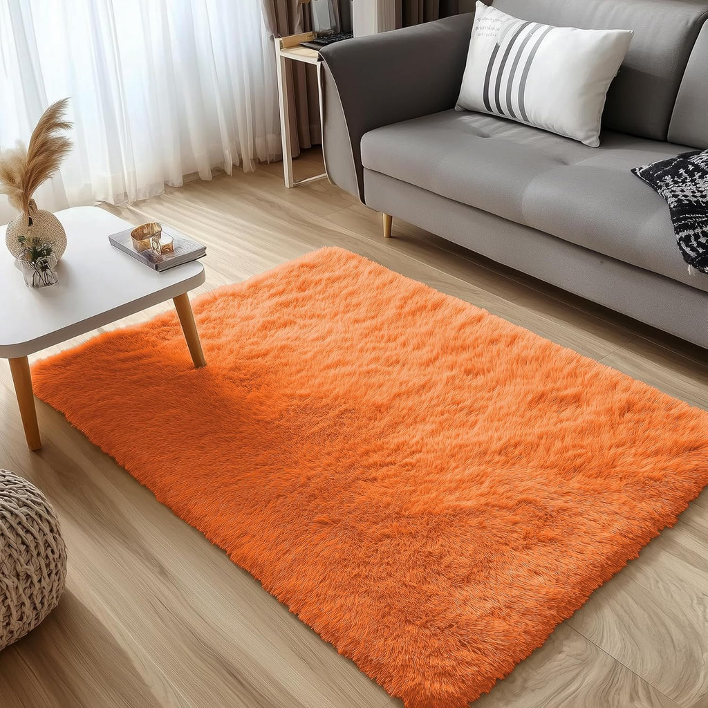OLANLY Soft Fluffy Shaggy Small Bedside Rug - 3x5 Machine Washable Indoor Carpet in Orange