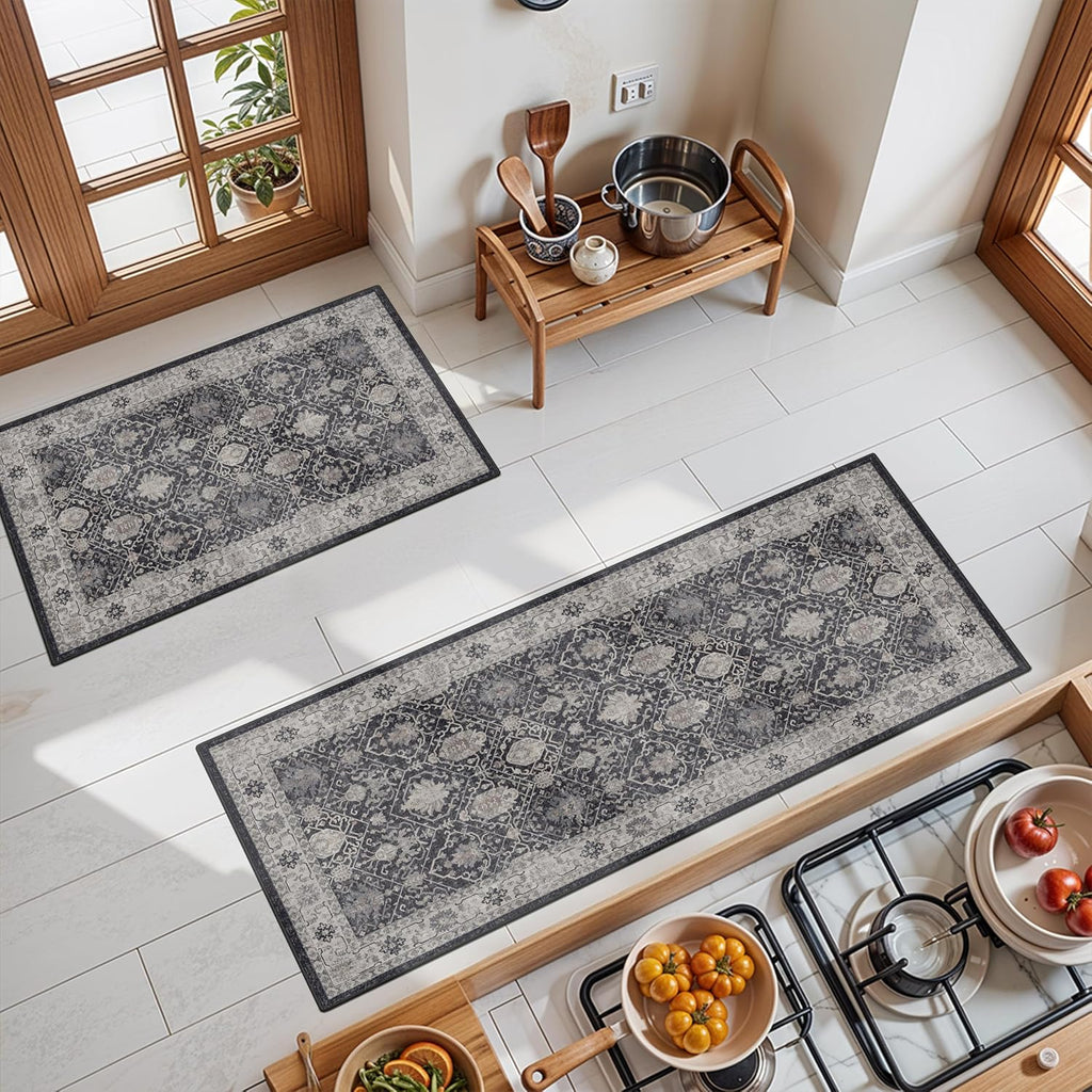 Skiennix Kitchen Rug Set - Farmhouse Washable Non-Slip Mats for Sink & Stove | Soft Cozy Runners (2x3, 2x4, 2x5, Black)