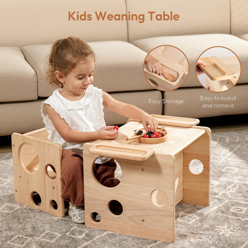 Woodtoe Montessori Weaning Table and Chair Set, Adjustable Toddler Table and Chair, Solid Wood Activity Table, Ideal for Learning, Mealtime and Play, Montessori Furniture for Baby Kids Boys Girls 1-3