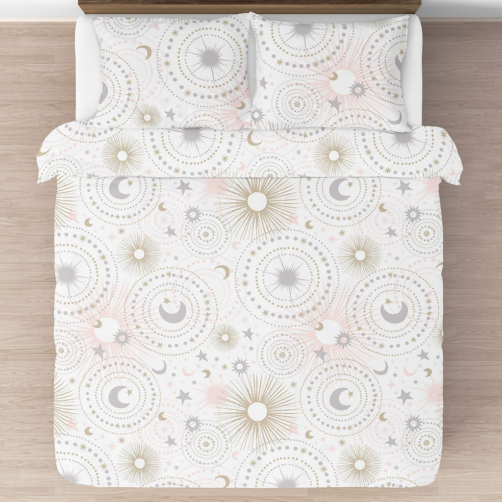 Sweet Jojo Designs Blush Pink, Gold, Grey and White Star and Moon Celestial Girl Full/Queen Kid Childrens Bedding Comforter Set 3 Pieces