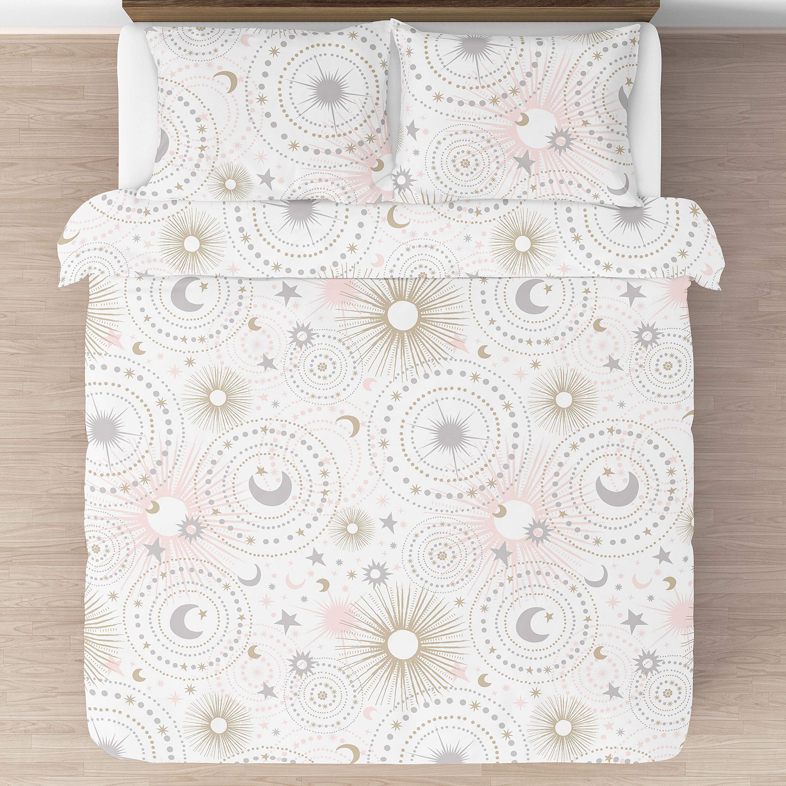 Sweet Jojo Designs Blush Pink, Gold, Grey and White Star and Moon Celestial Girl Full/Queen Kid Childrens Bedding Comforter Set 3 Pieces