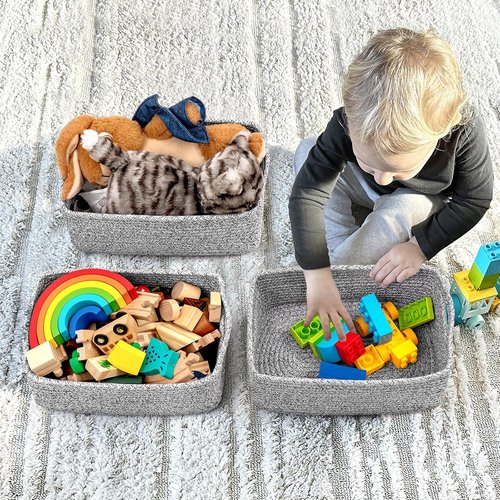 Goodpick Storage Baskets - Small Woven Rope Organizers for Toys & Nursery | 3 Pack, White & Gray, 11 x 7 x 4.5 in