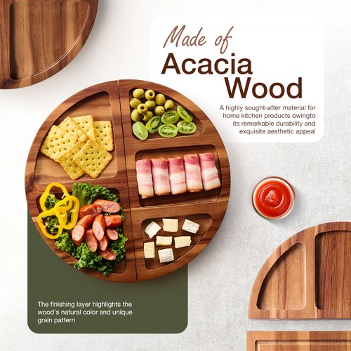TIDITA 30 inch Large Acacia Wood Charcuterie Board with 4 Knives Set, Magnetic - 3 Parts Wooden Round Tray for Cheese - Long Appetizer Board for Serving Food Platter Cracker Snack