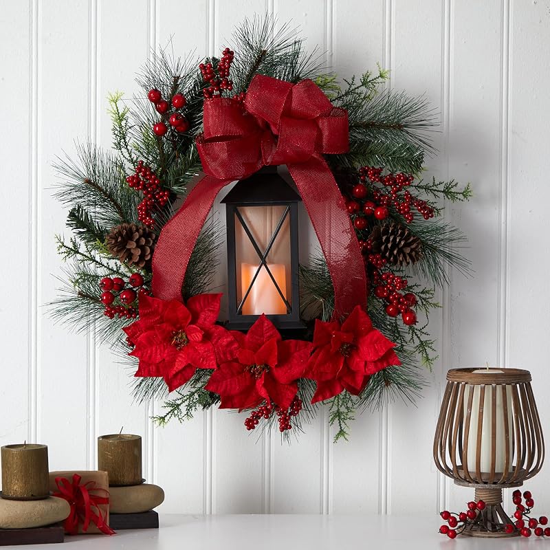 Nearly Natural 28in Poinsettia & Berry Holiday Lantern Wreath with LED Candle