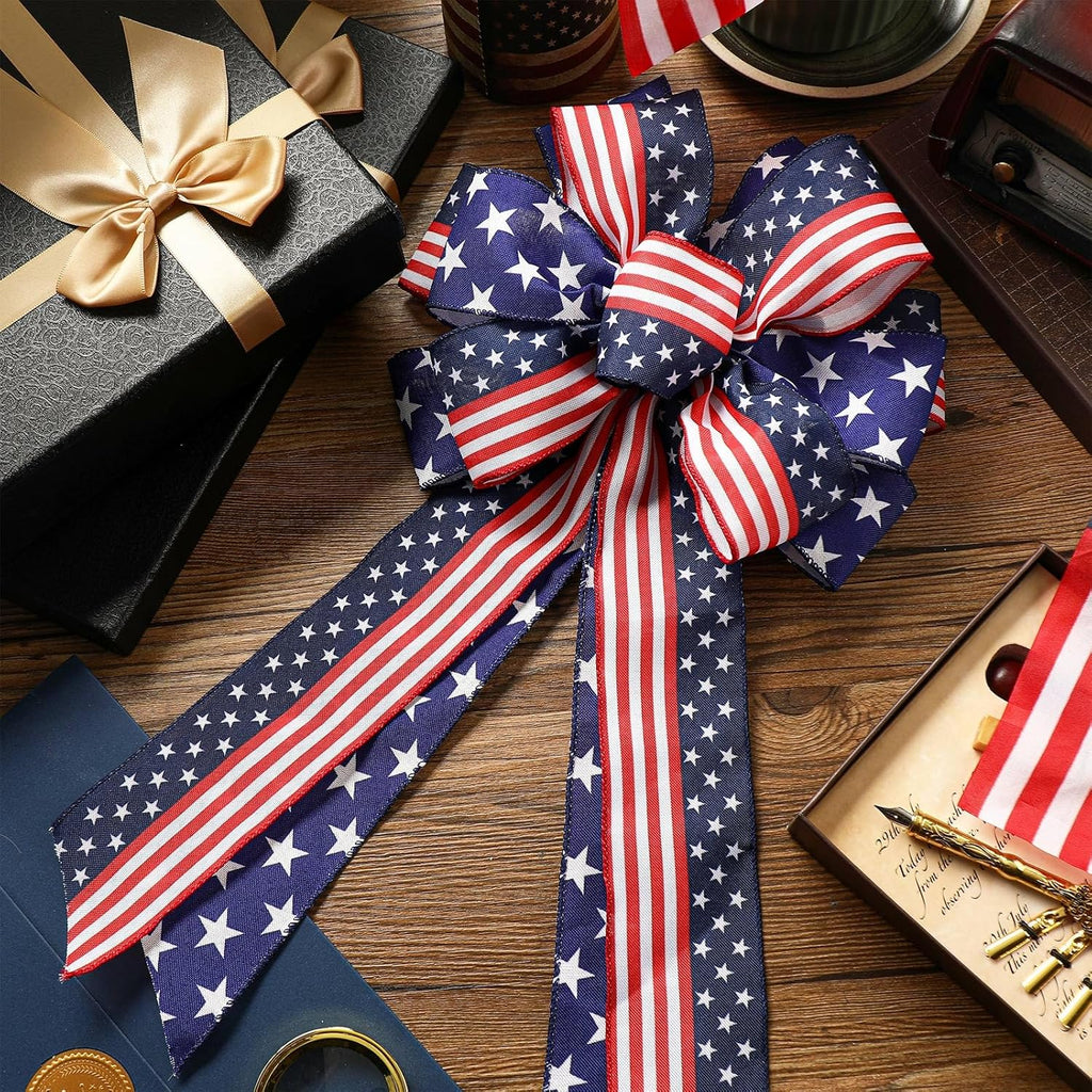 Riceshoot Patriotic Bows - USA Red, White & Blue Star Burlap Tree Topper | 4th of July Decoration (2 Pcs)