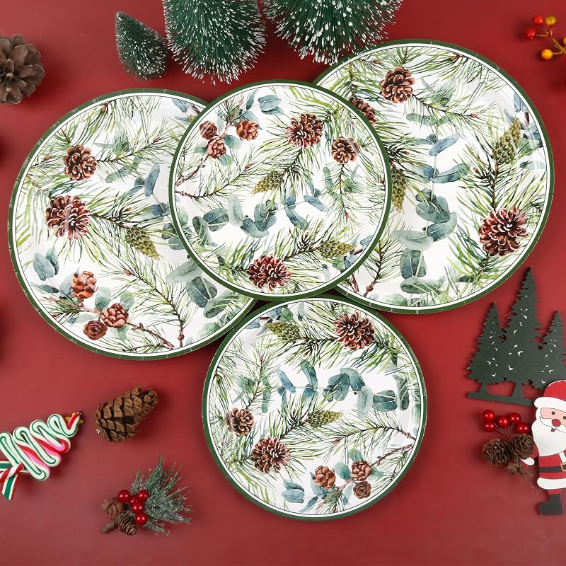 Pine Cones Christmas Dinner & Dessert Plates 48ct - Eucalyptus, Winter Greenery 7in & 9in (Variation: Pine Cones)