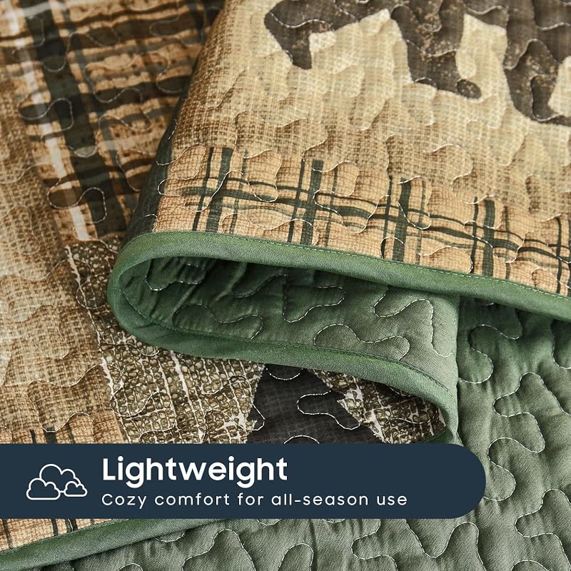 Wake In Cloud Rustic Quilt Set - Green Brown Queen/Full, 3-Piece Reversible Bedspread
