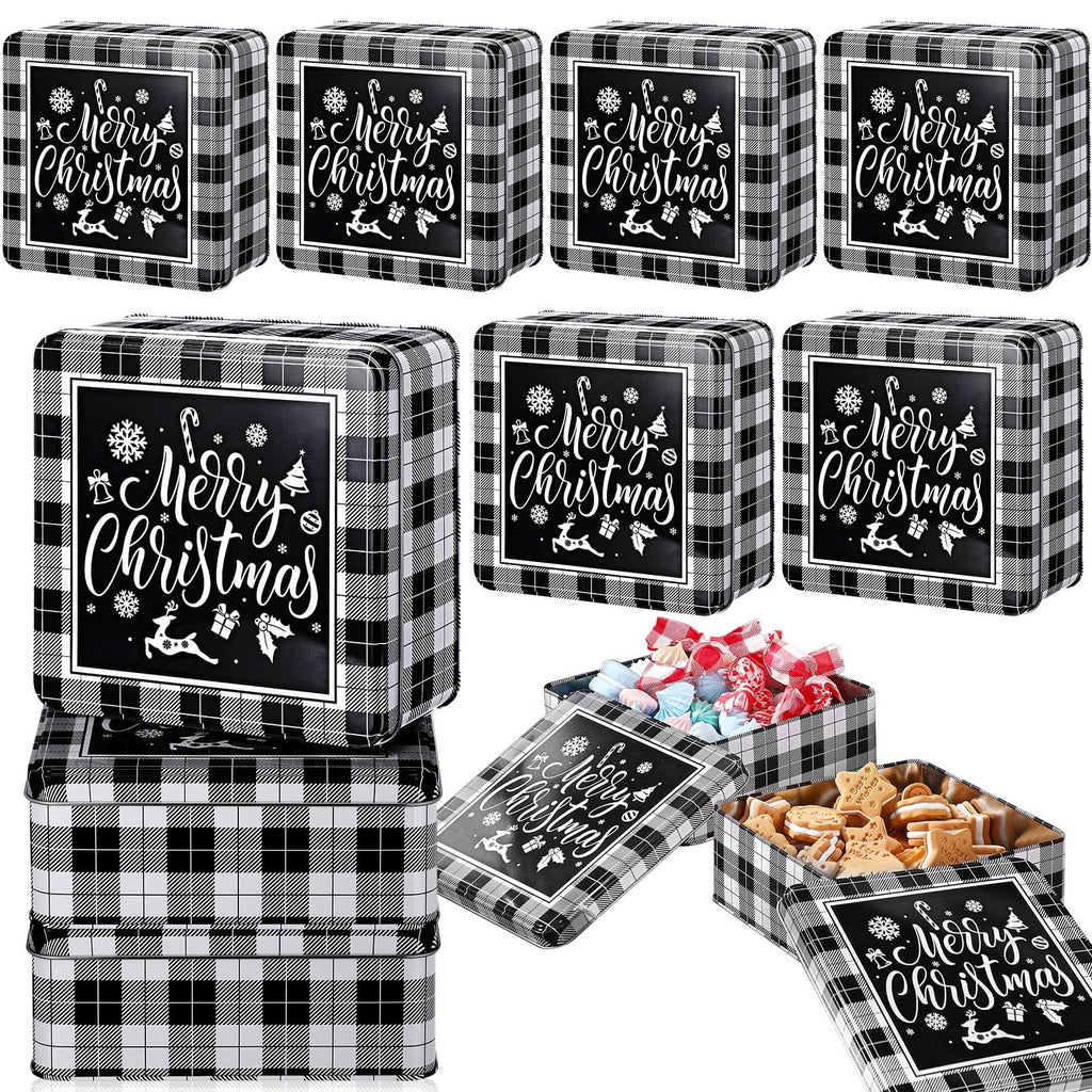 Tandefio 12 Pcs 6.3'' Christmas Cookie Tins Large Cookie Tins with Lids Square Baking Jars for Gift Giving Black and White Plaid Metal Container Holiday Empty Box for Xmas Candy Treat Storage