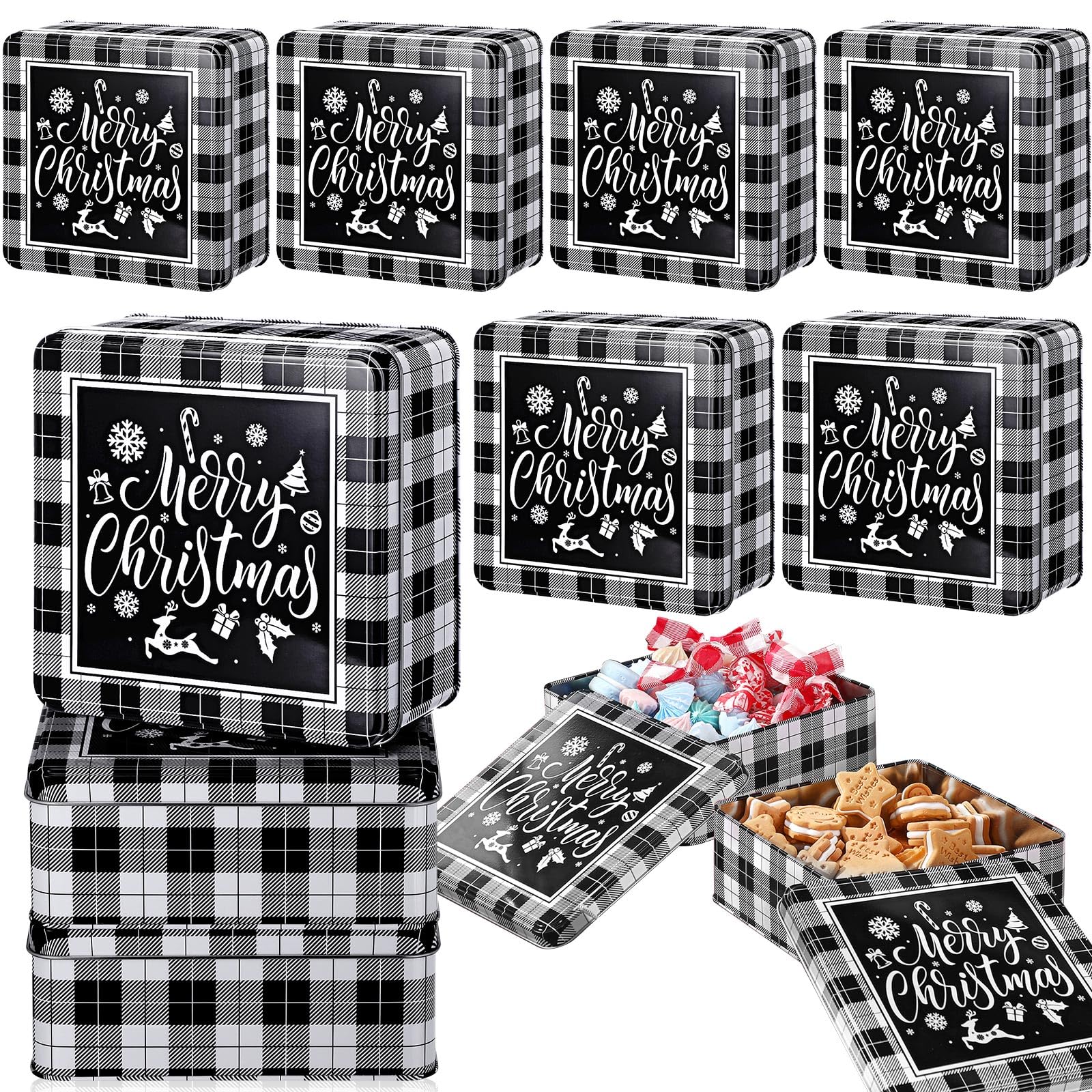 Tandefio 12 Pcs 6.3'' Christmas Cookie Tins Large Cookie Tins with Lids Square Baking Jars for Gift Giving Black and White Plaid Metal Container Holiday Empty Box for Xmas Candy Treat Storage