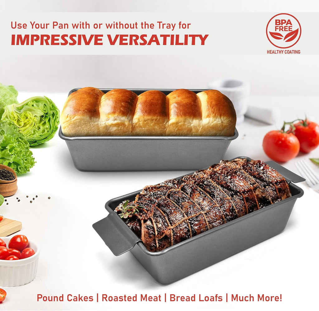 PERLLI Nonstick Meat Loaf Pan with Drip Tray - 9.8 x 5.7 In. High-Carbon Steel, BPA-Free for Baking & Roasting