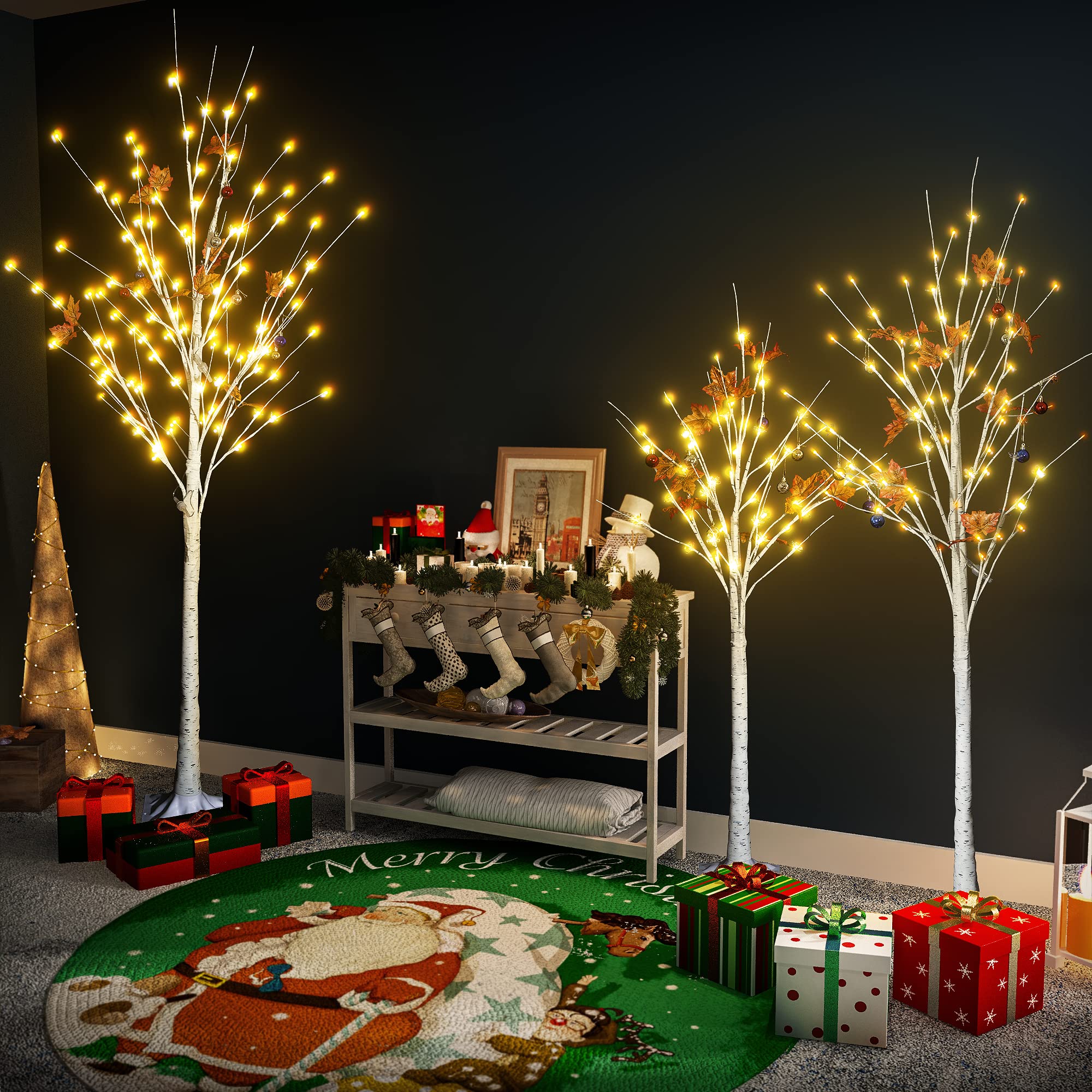 AWQM Lighted Birch Tree for Christmas Decor, Pack of 3 Prelit Christmas Tree 4ft 5ft 6ft, Warm White Christmas Tree for Indoor Christmas Decorations. (White)