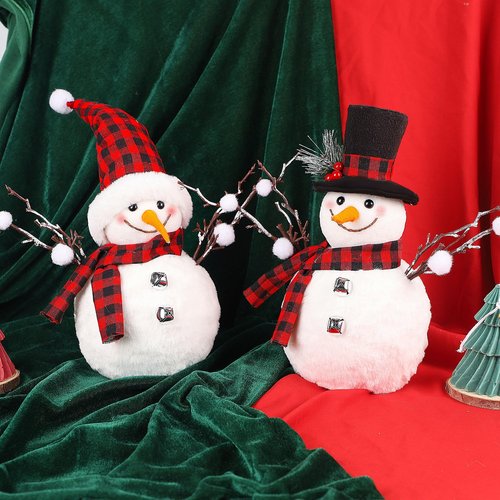 Lulu Home 2 Packs Christmas Snowman Decorations, 15.4" H Snowmen Wearing Buffalo Check Scarfs & Hats, Xmas Plush & Foam Tabletop Ornaments for Mantel Fireplace Window Sill Holiday Decor