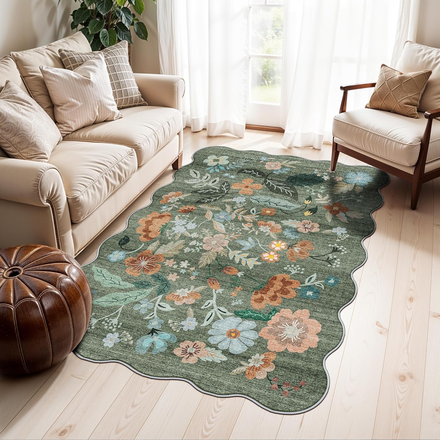 Skiennix Washable 3x5 Area Rug - Ultra Soft Low Pile Carpet with Non-Slip Backing | Floral Green Design