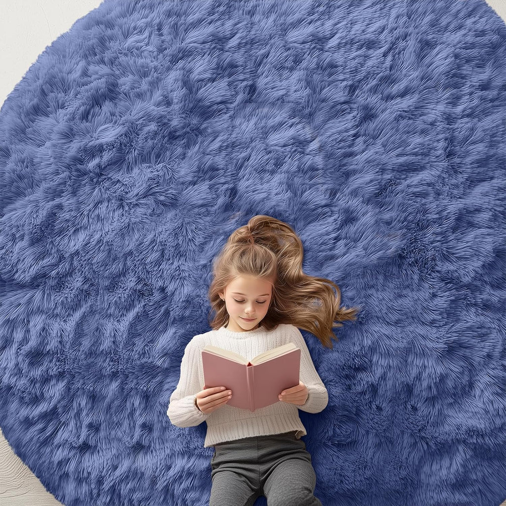 OLANLY Denim Blue Round Rug - Soft & Fluffy 8 ft Circle Area Rug for Bedroom, Living Room & Nursery Decor