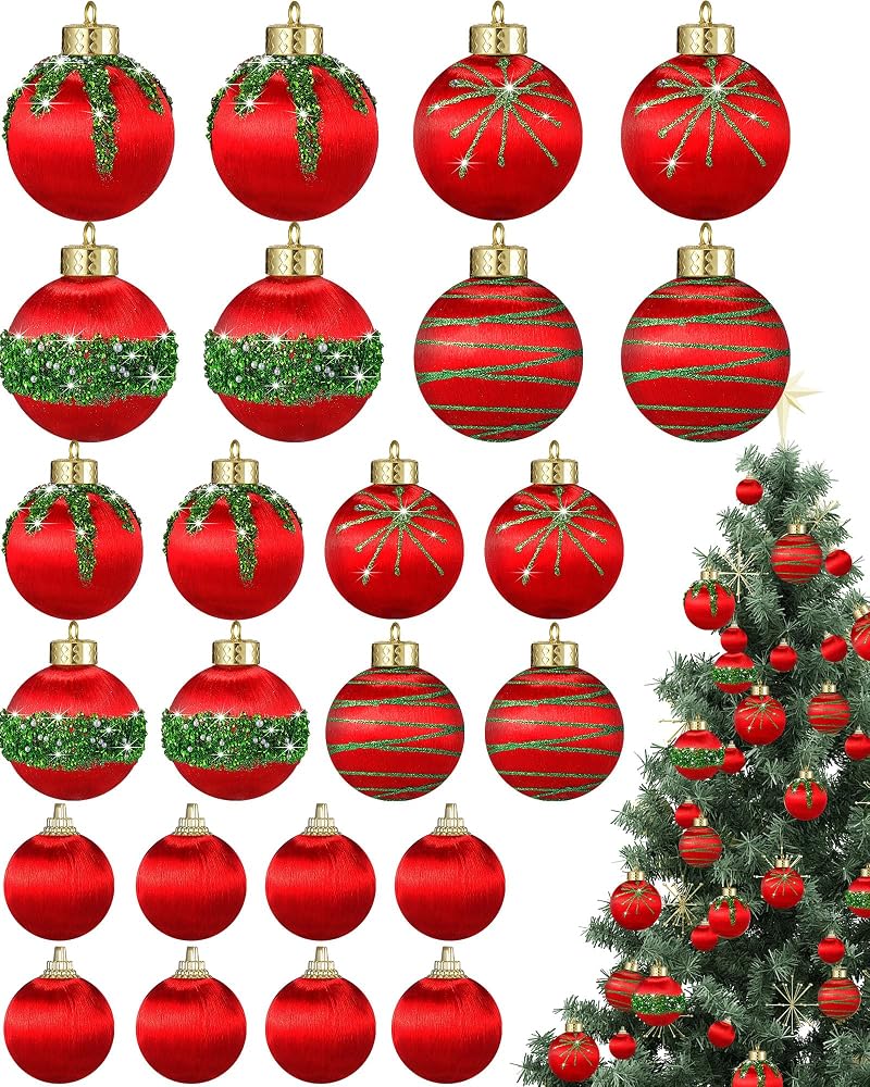 Poen 24-Piece Red & Green Christmas Ornaments Set - Satin Silk Finish, 3 Sizes (1.6/2.4/3.2 in) - Includes Hanging Ropes