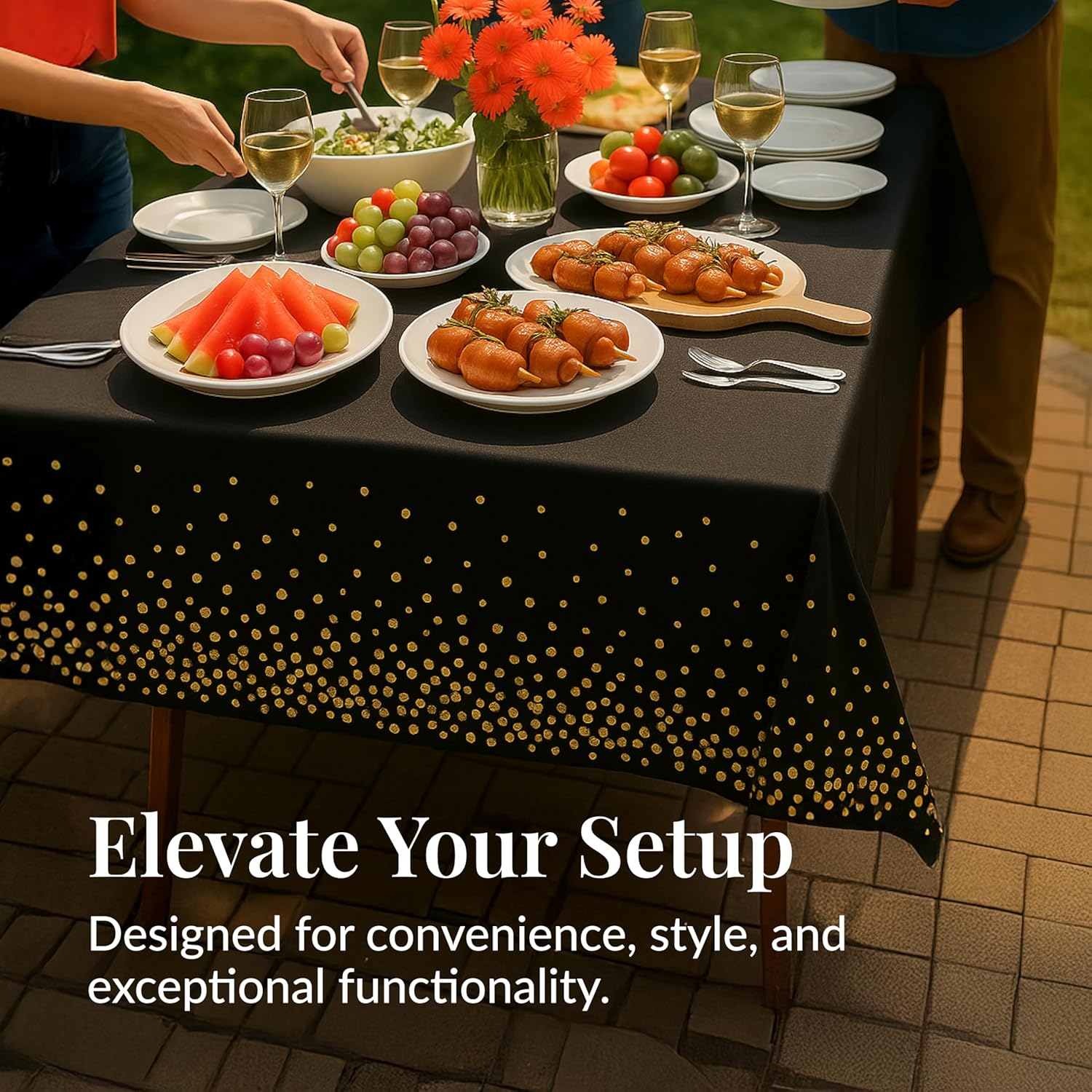Prestee Gold & Black Rectangle Table Covers | 4 Pack Disposable Plastic Tablecloths - 54 x 108 Inches for Parties & Events