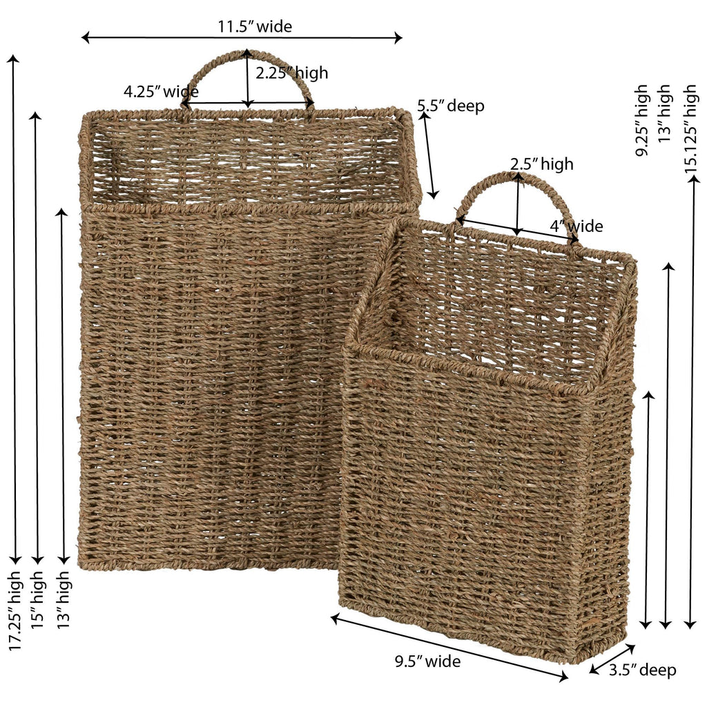 Rectangular Wicker Hanging Baskets, Set of 2, Small and Large, Handwoven Seagrass, Durable Metal Wire Frame, Multipurpose and Contemporary, Perfect for Organizing Newspapers, Mail and More, Natural