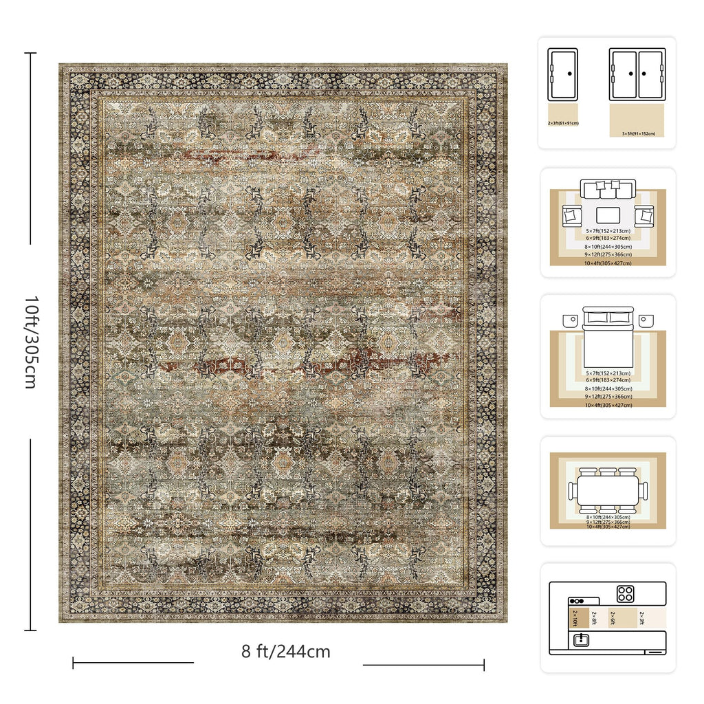Yarooge 8x10 Area Rugs for Living Room - Washable Vintage Retro Large Rug, Soft Ultra Thin Non Slip Low Pile Traditional Distressed Boho Carpet for Bedroom Dining Room Home Office, Charcoal Olive