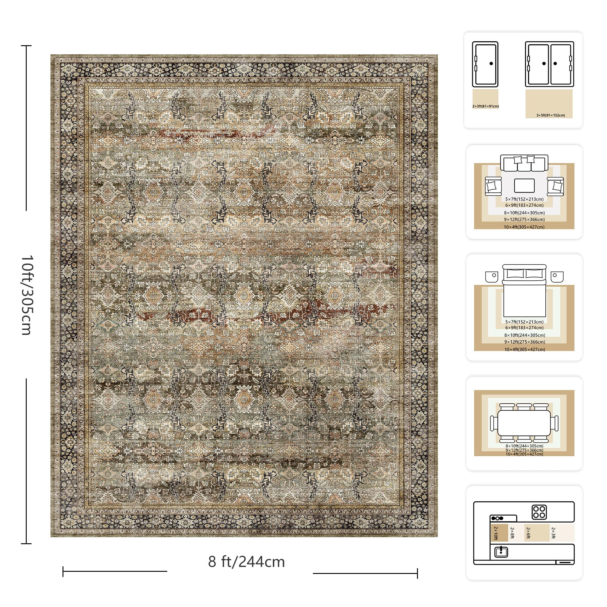 Yarooge 8x10 Area Rugs for Living Room - Washable Vintage Retro Large Rug, Soft Ultra Thin Non Slip Low Pile Traditional Distressed Boho Carpet for Bedroom Dining Room Home Office, Charcoal Olive