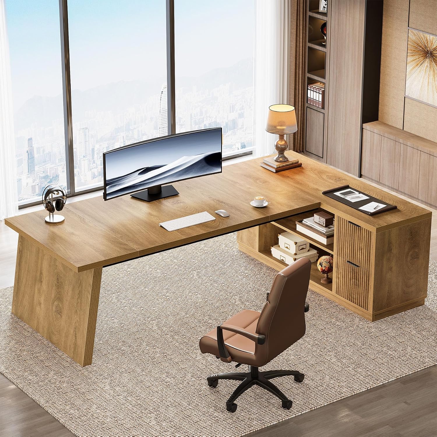 Tribesigns L Shaped Desk - Modern 78" Executive Office Table with Drawers & File Cabinet | Brown