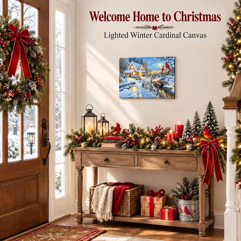 LED Wall Art - Snowy Cottage Scene with Cardinal birds, Snowman & Bridge (Variation 1) 11.75" x 15.75"