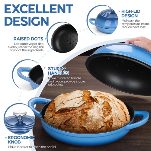 E-far Dutch Oven for Sourdough Bread Baking, 6 Qt Round Enameled Cast Iron Dutch Oven for Homemade Artisan Bread, Dome Lid & Shallow Base, Matte Black Interior & Durable, Oven-Safe to 500℉, Blue