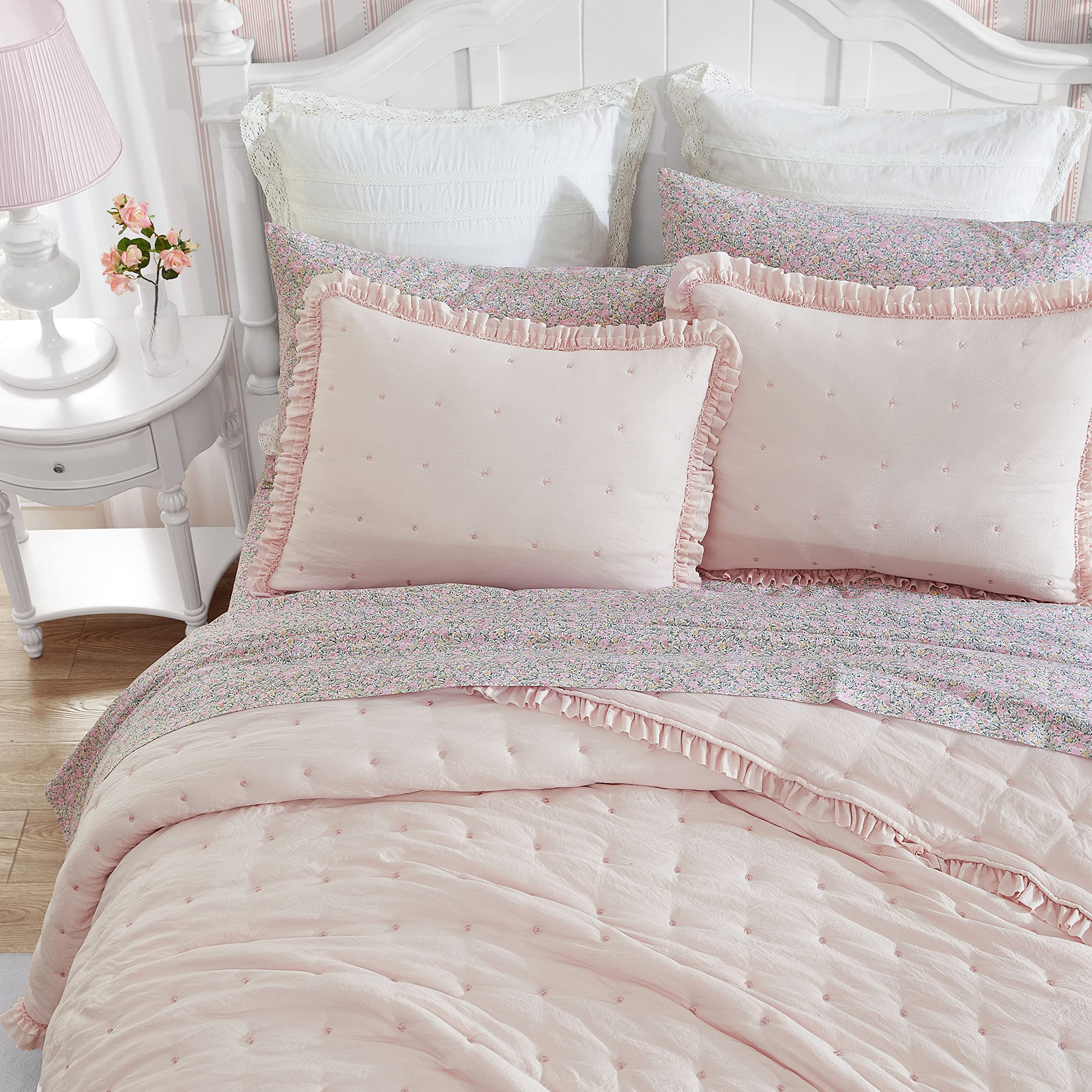 Laura Ashley – Twin Quilt Set, Ultra Soft Bedding with Matching Sham, Ruffled Pink Room Decor, College Dorm Room Essentials (Hailee Pink)