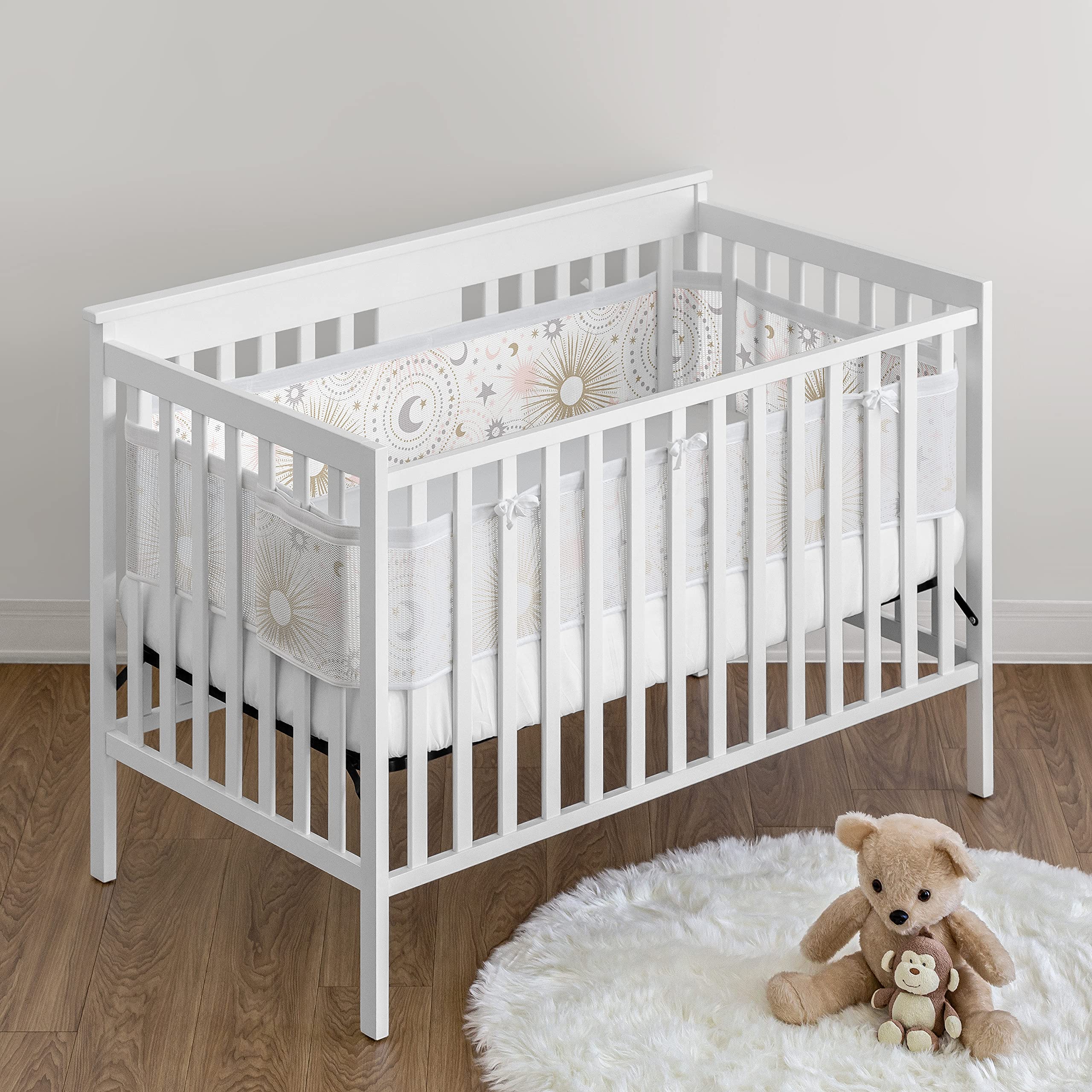 Sweet Jojo Designs + BreathableBaby 2-Piece Breathable Mesh Crib Liner Set (Stars and Moon) for Girls, Baby, Infants/Newborn Nursery (Blush Pink, Gold, Grey, Celestial, Sky, Stars, Shabby Chic, Gray)