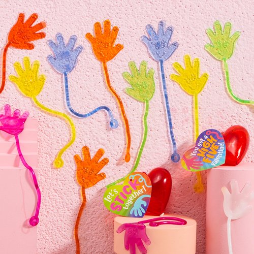 JOYIN 28 Pack Valentine's Day Sticky Hands with Cards, Classroom Exchange Gift for Kids, Classroom and Holiday Reward Prizes, Valentine’s Party Favors, Sticky Hands Toys