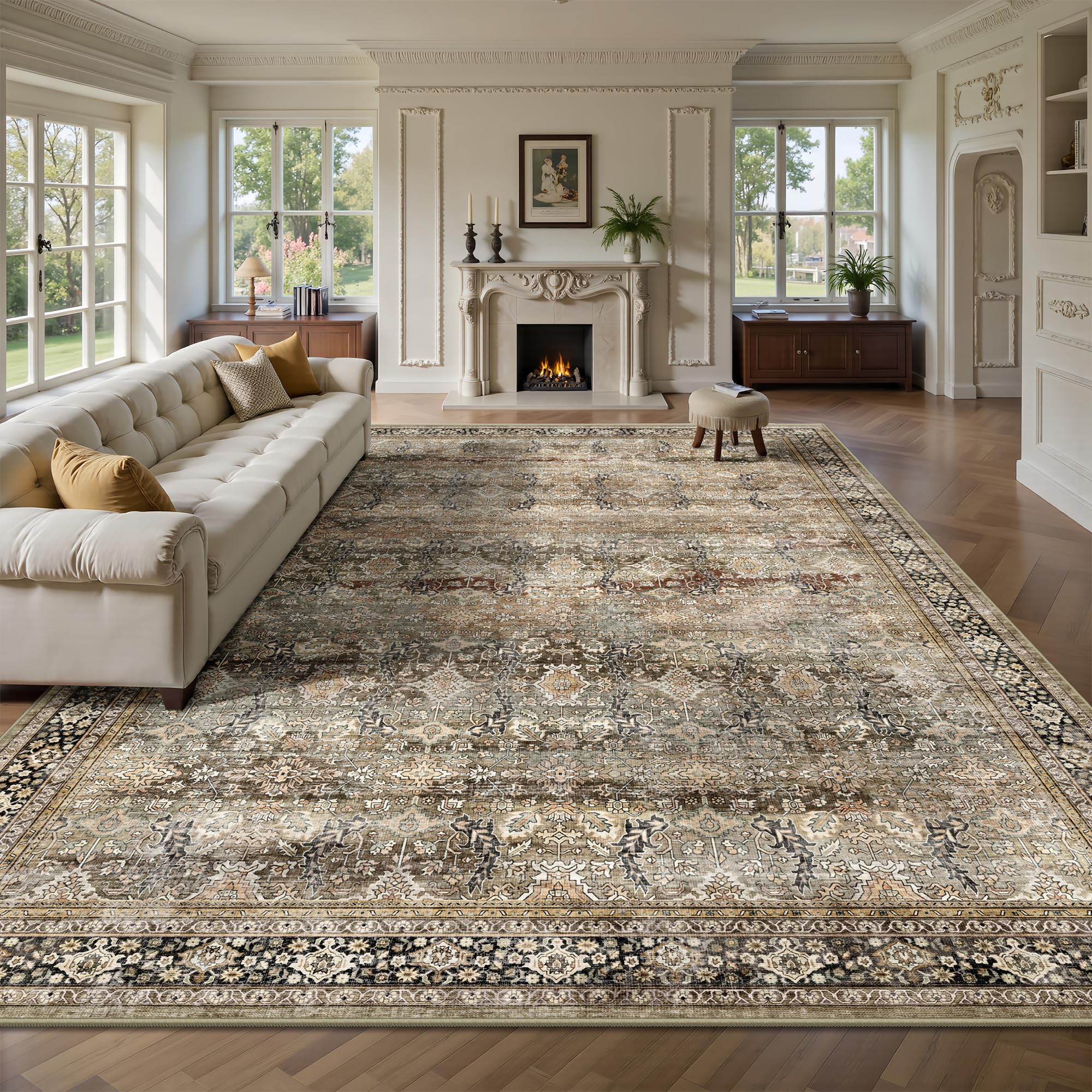 Yarooge 8x10 Area Rugs for Living Room - Washable Vintage Retro Large Rug, Soft Ultra Thin Non Slip Low Pile Traditional Distressed Boho Carpet for Bedroom Dining Room Home Office, Charcoal Olive