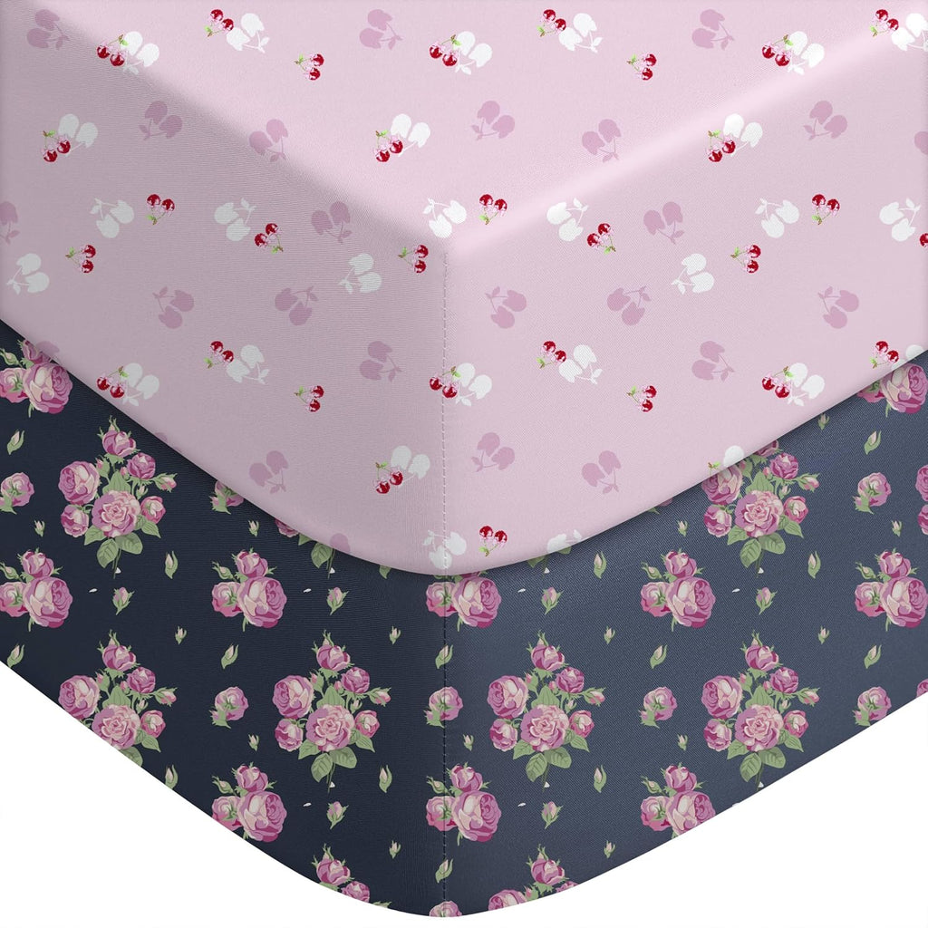 Yoofoss Fitted Pack and Play Sheets - Soft, Breathable Mini Crib Sheets 2-Pack (Pink & Cherry)