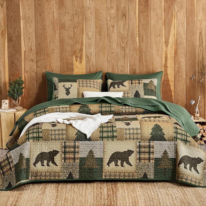 Wake In Cloud Rustic Quilt Set - Green Brown Queen/Full, 3-Piece Reversible Bedspread